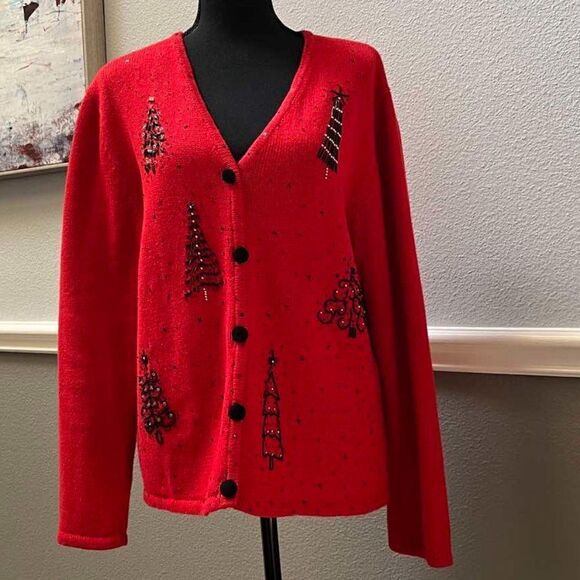Studio Joy Women's Vintage  Button Down Red Christmas Sweater Size L - Picture 2 of 11